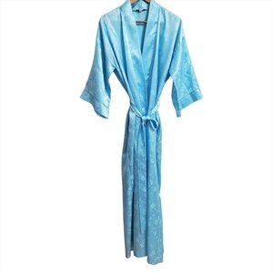 Christian Dior Vintage Women Kimono Robe L Blue Satin Lounge Wear Floral Pockets
